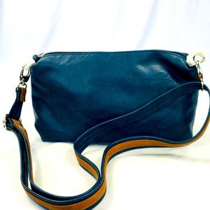 Blue with brown strap cross body bag